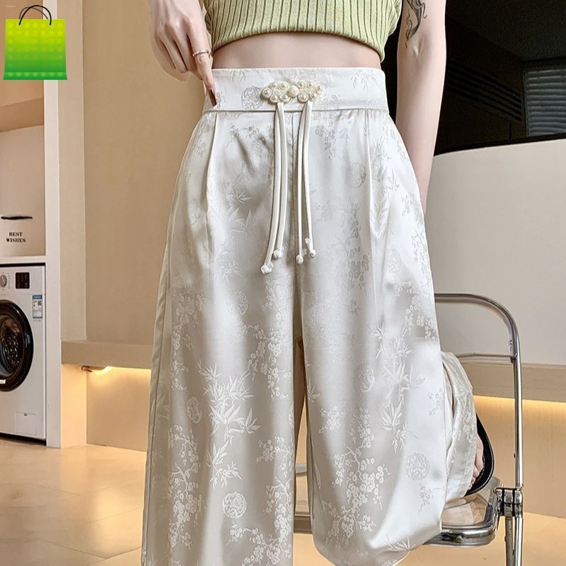 Womens Satin Jacquard Casual Wide-leg Pants