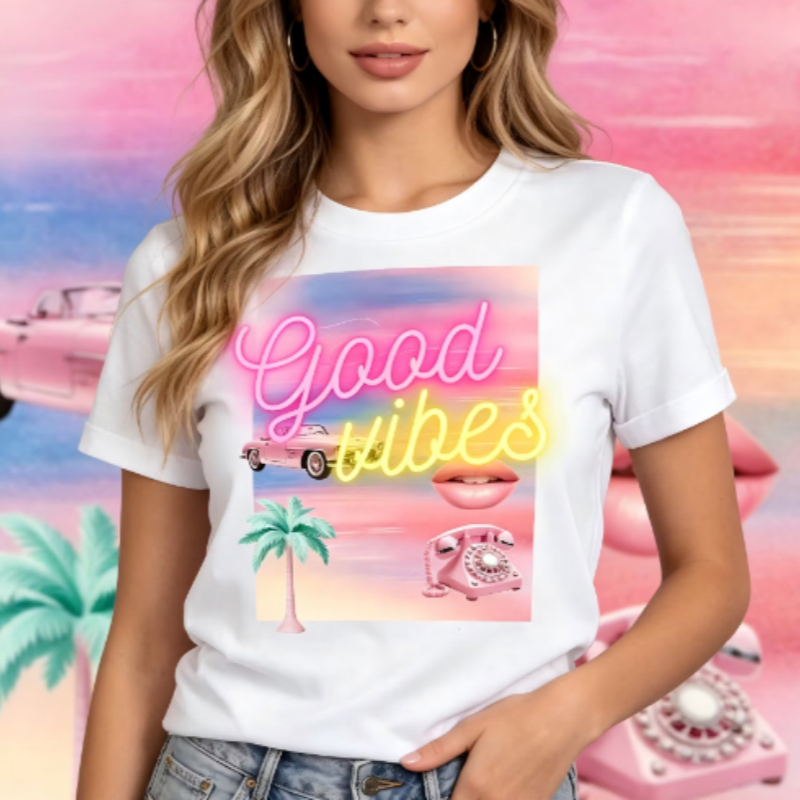 Good Vibes Neon Graphic T-Shirt 80s Retro Vaporwave Tee Vintage Car Rotary Phone Collage Summer Sunset Shirt For Women