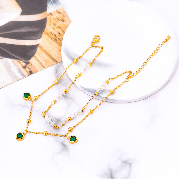 Double-layer zircon heart pendant anklet