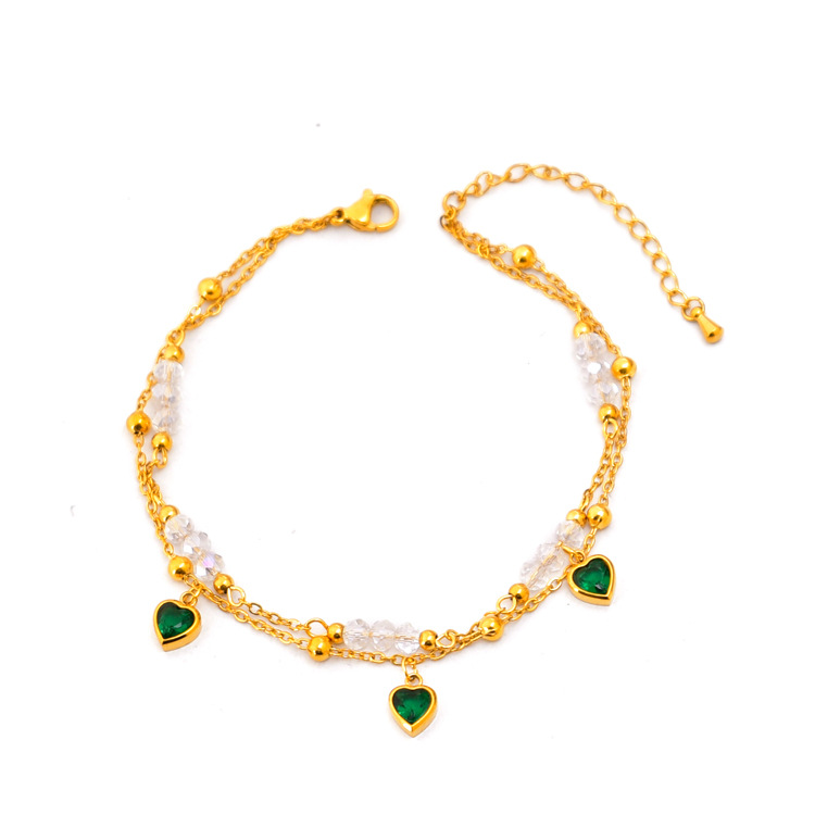 Double-layer zircon heart pendant anklet