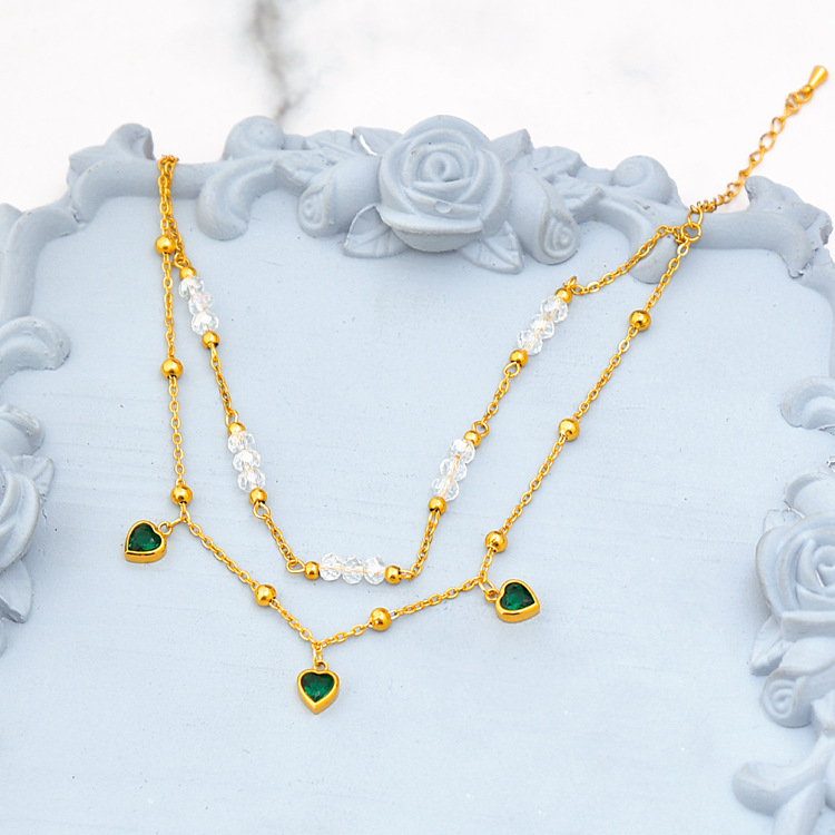 Double-layer zircon heart pendant anklet