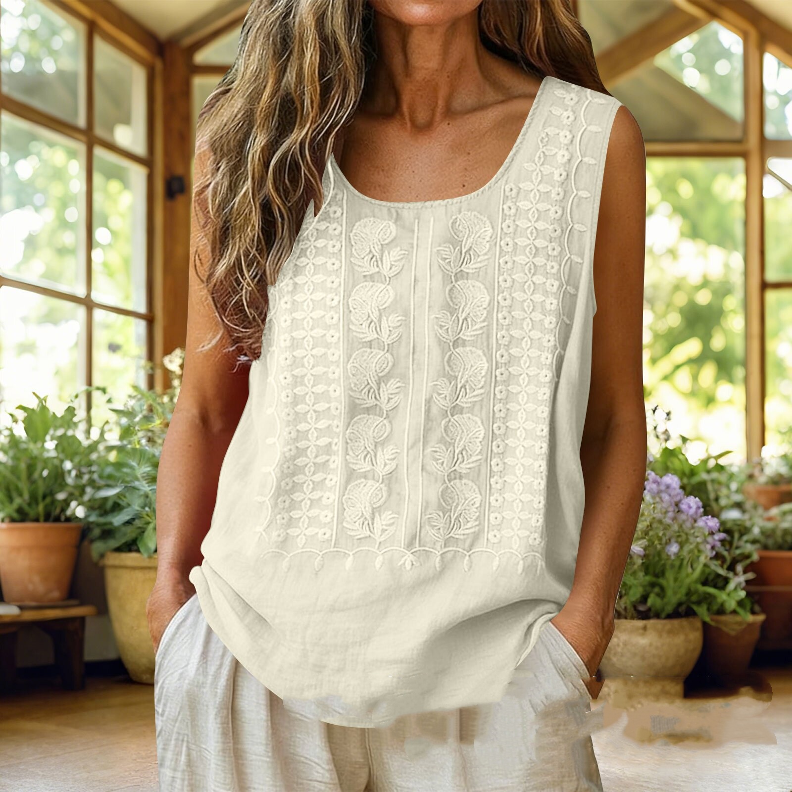 New Womens Casual Sleeveless Vest Embroidered Cotton-linen Top — image 1