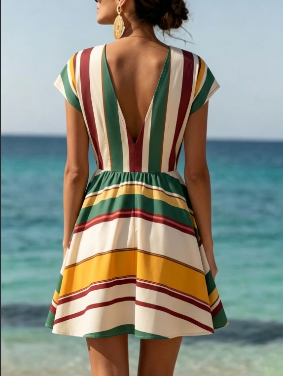 Multicolor Horizontal Stripe Deep V Neck Cap Sleeve Waist Tie Flared Mini Dress
