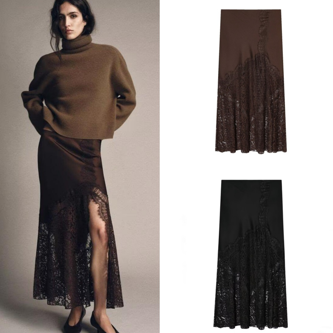 Lace Trim Satin Skirt - Women's Elegant Mid-Length A-Line Pencil Skirt