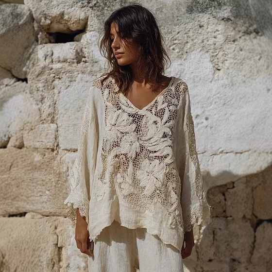 Womens Vintage Bohemian Rose-embroidered Linen Loose-fit V-neck Long-sleeve Top