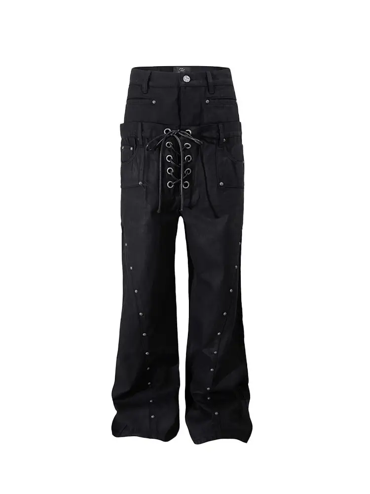 Straight-leg Denim Pants Heavily Embellished Wide-leg Floor-length Trousers
