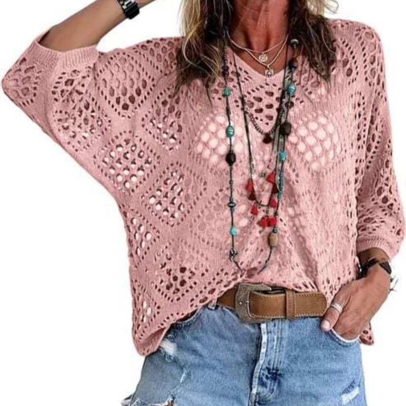 V-neck Diamond-shaped Openwork Batwing Sleeve Women's Sweater
