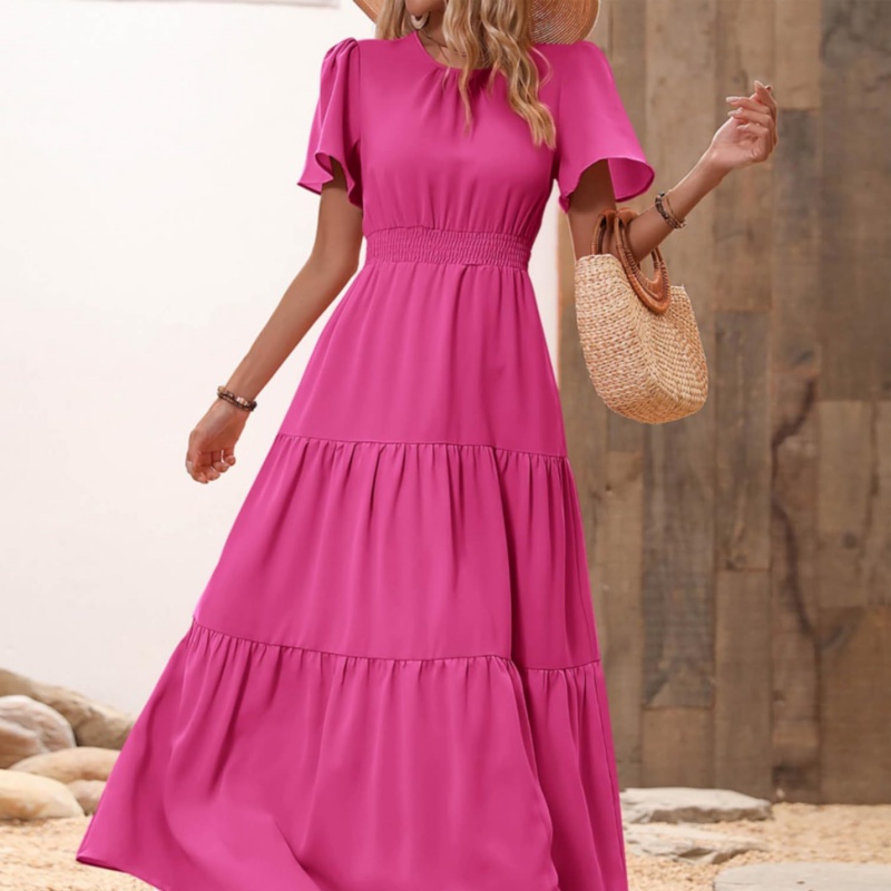 Womens Solid-Color Layered Dress With Ruffled Hem