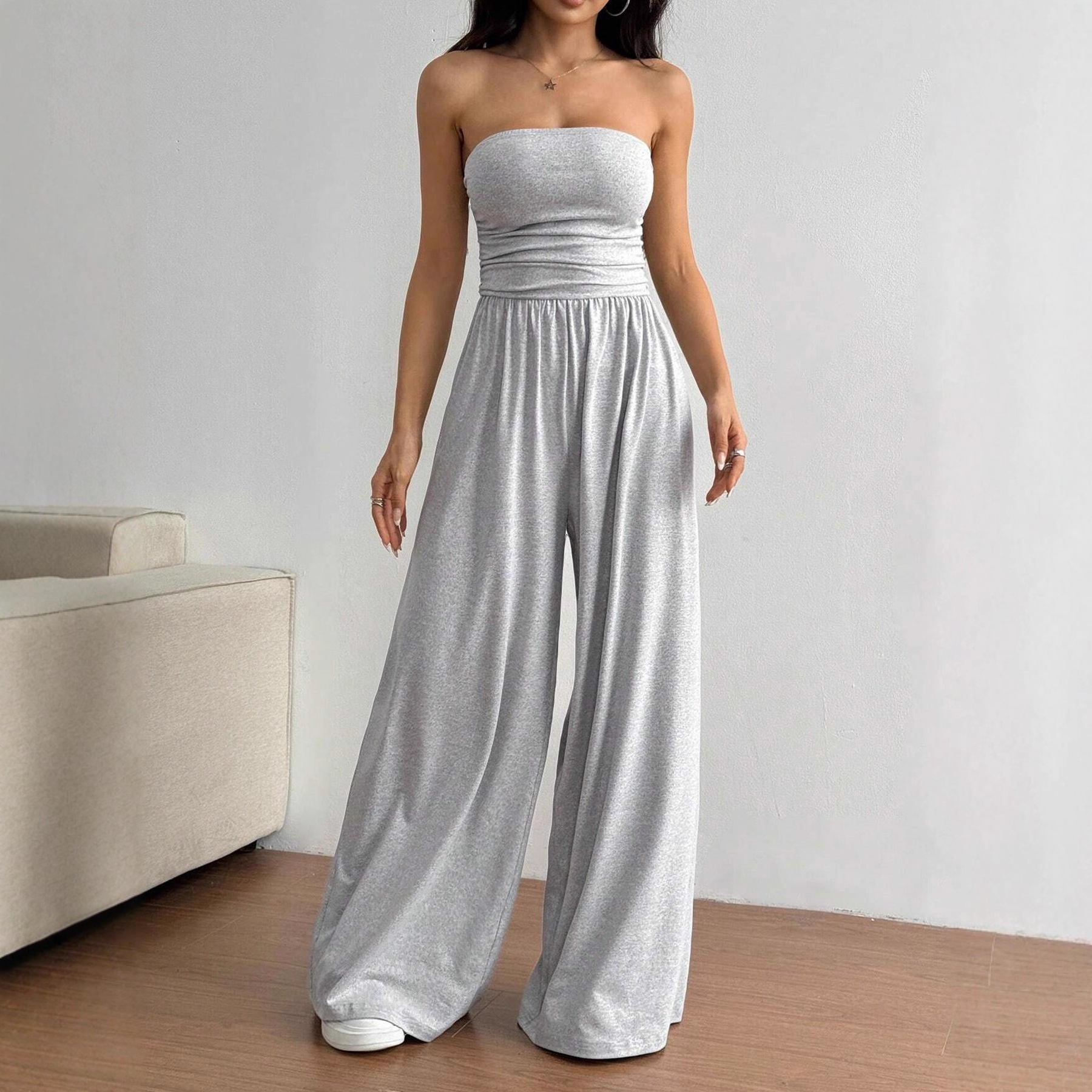 Women's Summer Strapless Off-shoulder Solid Color Wide-leg Trousers
