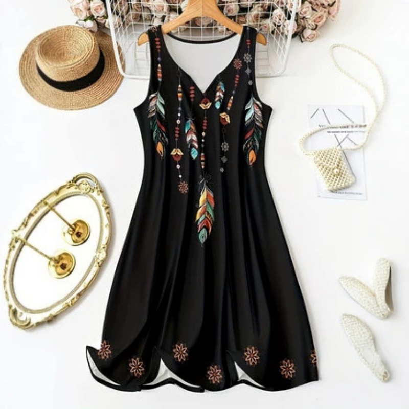 European And American Summer Casual V-Neck Off-Shoulder Feather-Print Vest And Womens Short Skirt