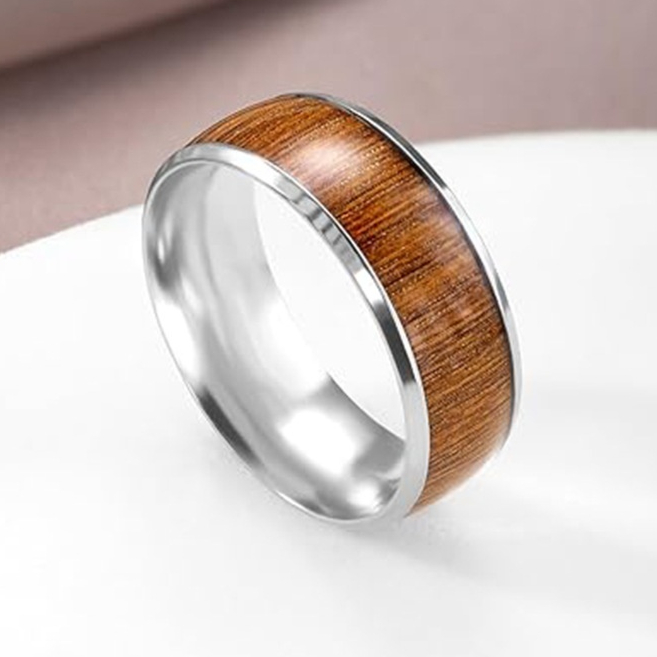 Men's Titanium Ring - European American Style Curved Straight-Edged Band 8mm Wide Wood Grain Inlay