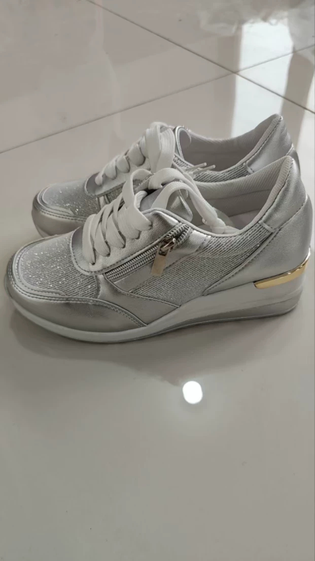 Metallic lace-up side zipper thick-sole sneakers actual photo – Gold colorway women's fashion shoes