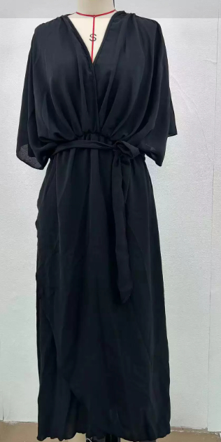 Batwing sleeve V-neck midi dress actual product photo – tied irregular hem fairy dress women's fashion