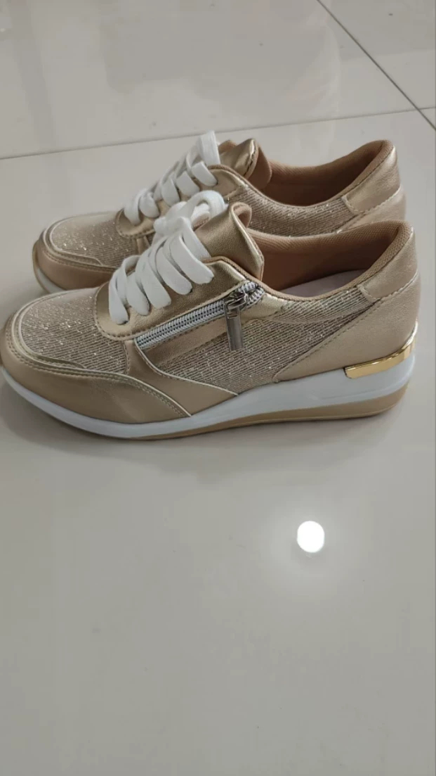 Metallic lace-up side zipper thick-sole sneakers actual photo – Silver colorway women's fashion shoes