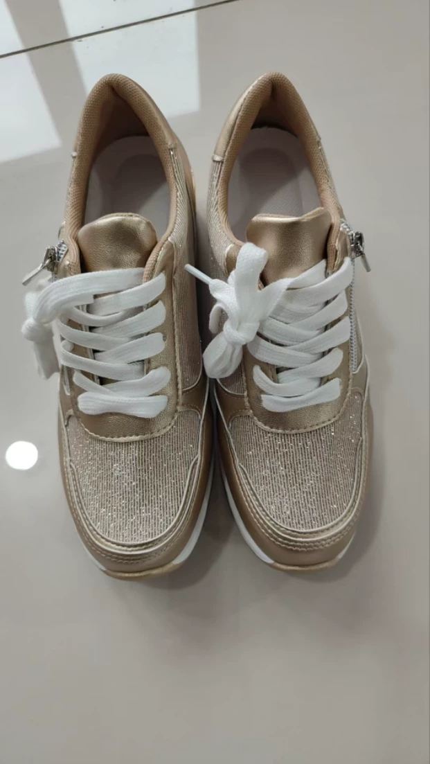 Metallic lace-up side zipper thick-sole sneakers actual photo – thick sole detail women's fashion shoes