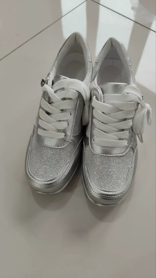 Metallic lace-up side zipper thick-sole sneakers actual photo – Pink colorway women's fashion shoes