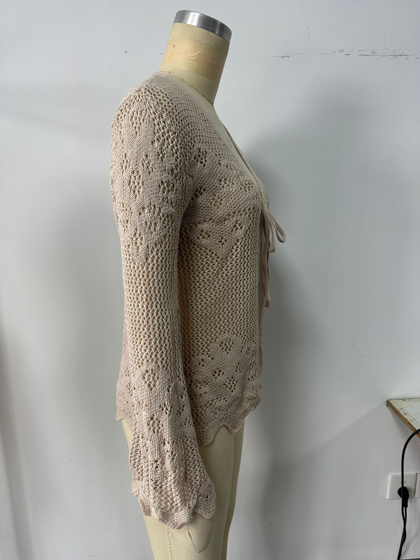 Women's lace-up open knit sweater in Sky Blue – full length view showing long sleeve and hollow-out pattern