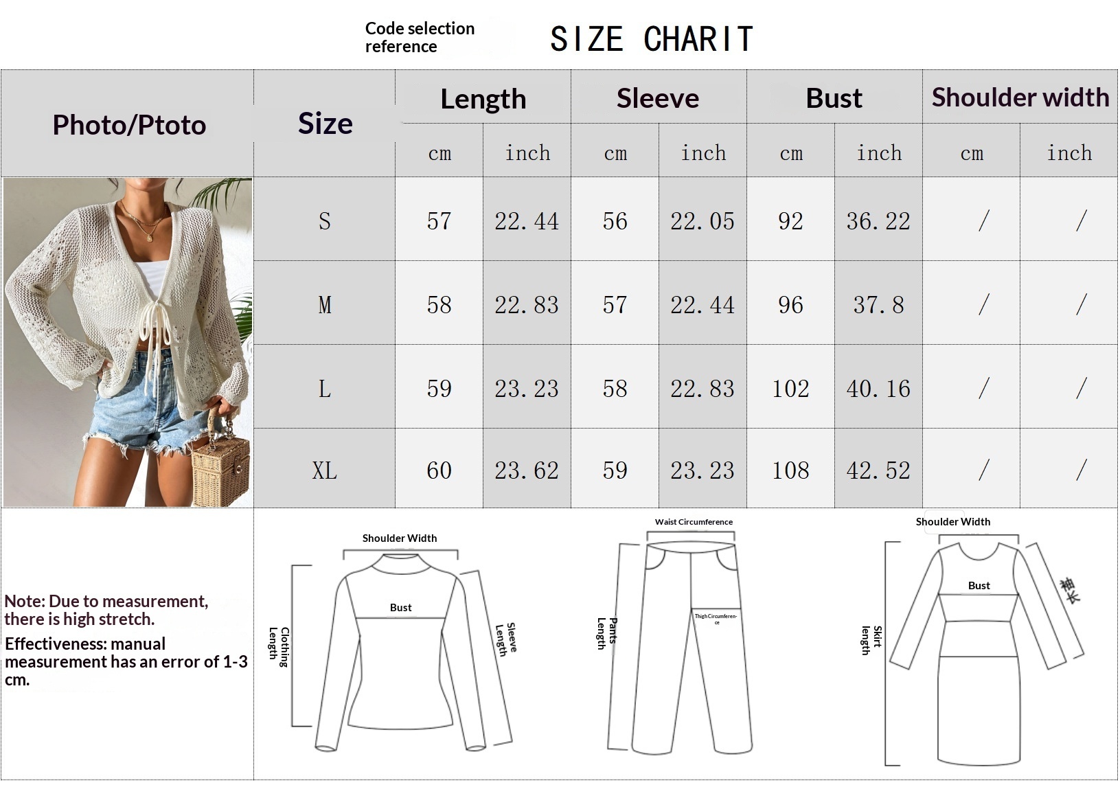 Size chart for women's hollow-out lace-up knit cardigan – US sizes S, M, L, XL with bust, waist, and hip measurements in inches