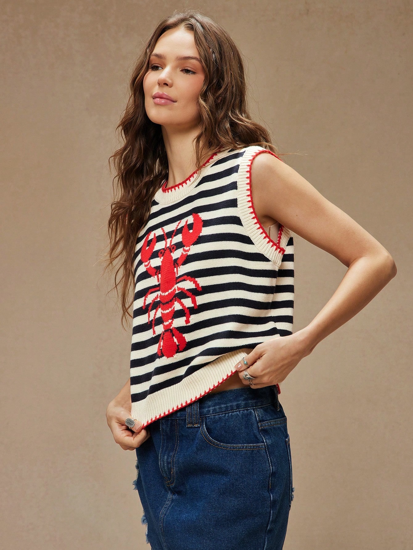 Women's jacquard pullover vest in Dark Red – vacation resort styling with linen pants and sandals