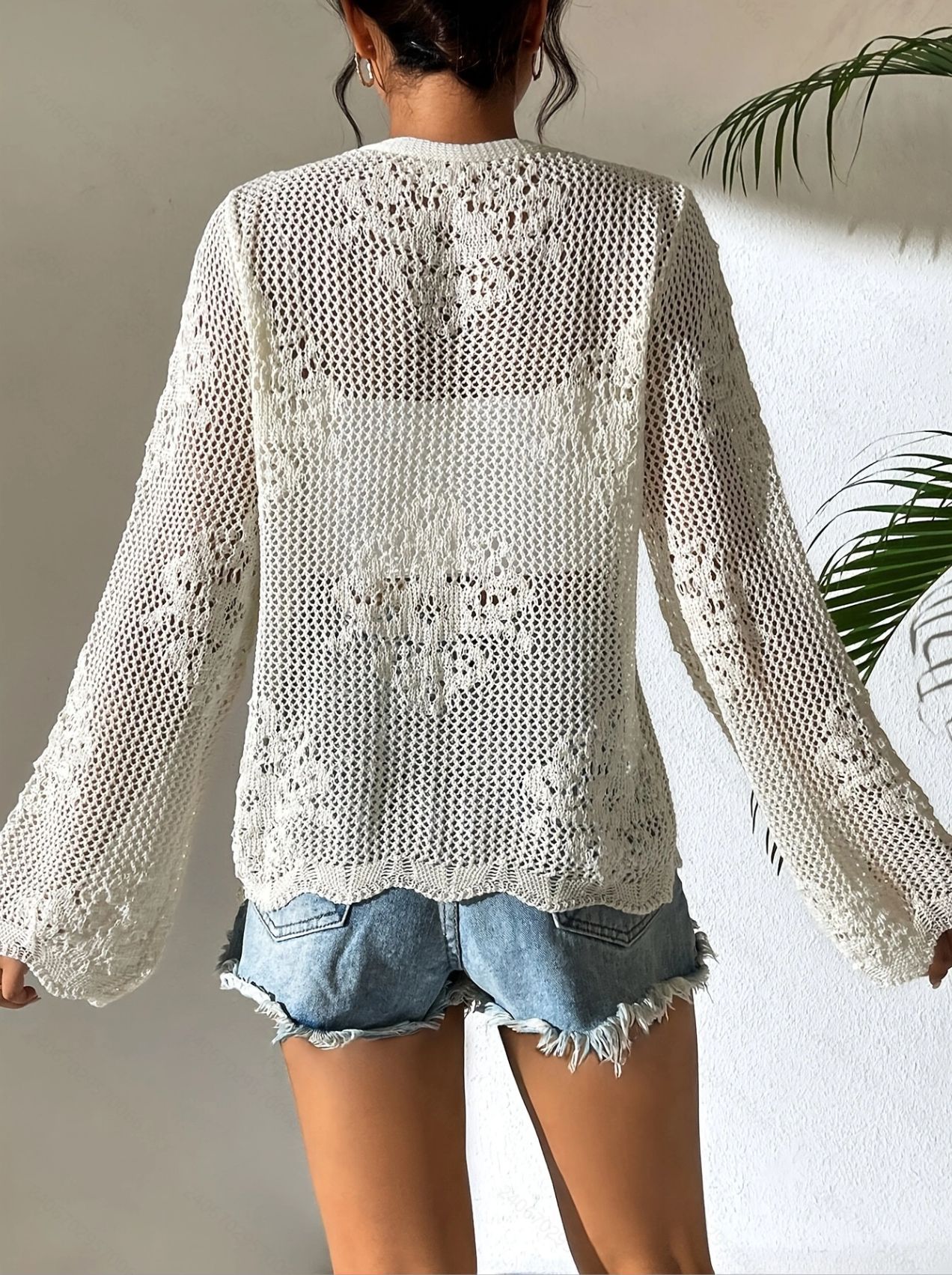 Women's hollow-out lace-up knit cardigan in Black – long sleeve open knit sweater, front lace-up detail