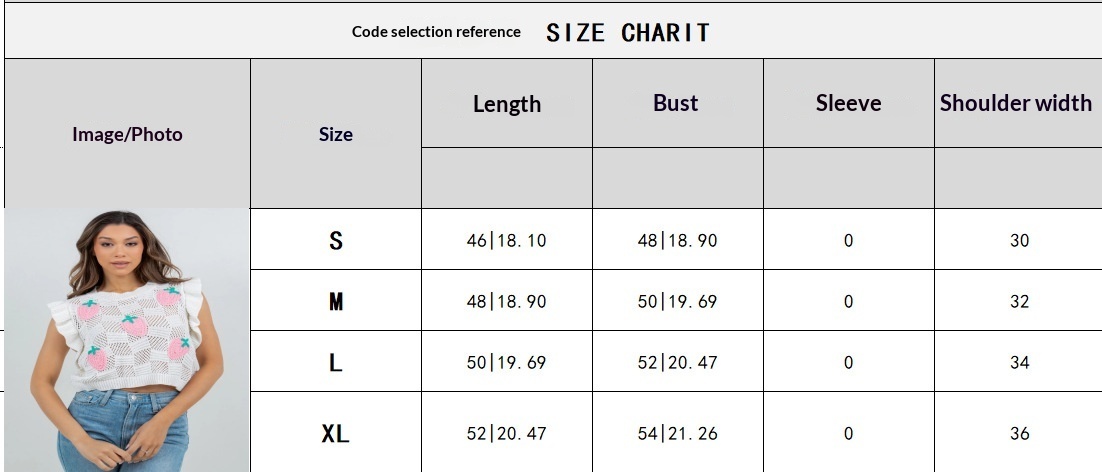 Size chart for women's hollow-out knit vest – US sizes S, M, L, XL with bust, waist, and hip measurements in inches