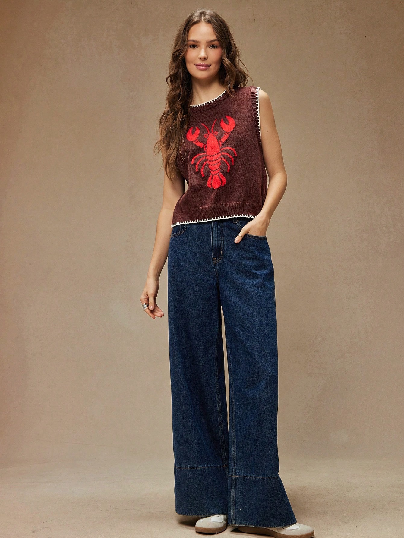 Women's embroidered jacquard knit vest in Dark Red – styled for casual chic outfit with jeans