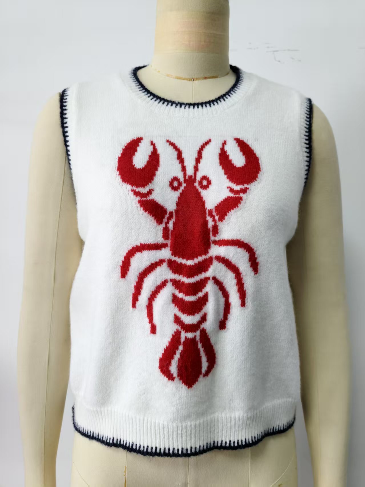 Women's jacquard knit pullover vest in Navy Blue – back view showing round neckline and knit pattern