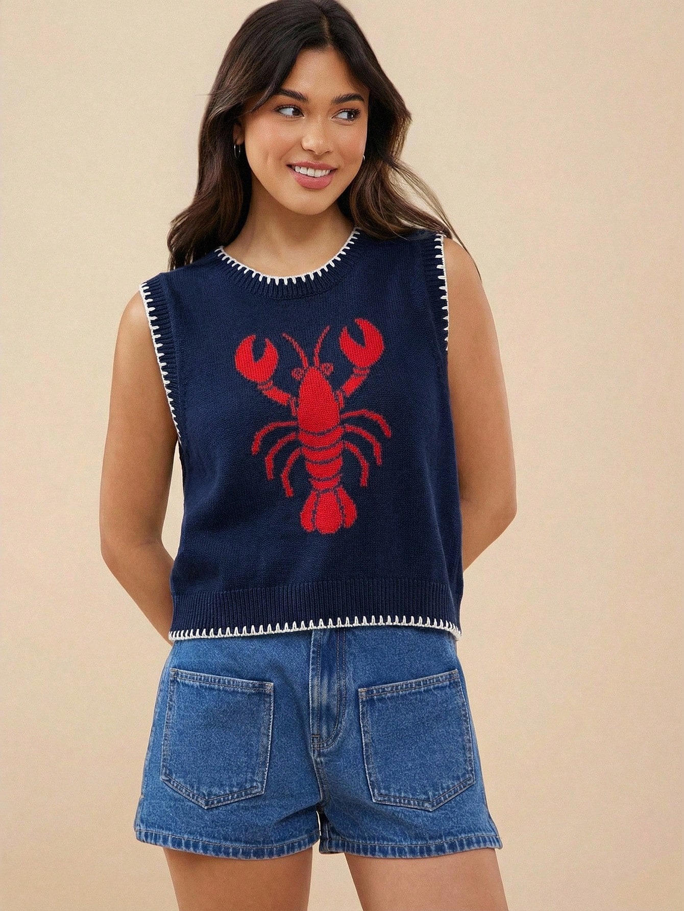 Women's jacquard knit vest in Dark Red – full length view showing regular length and relaxed fit