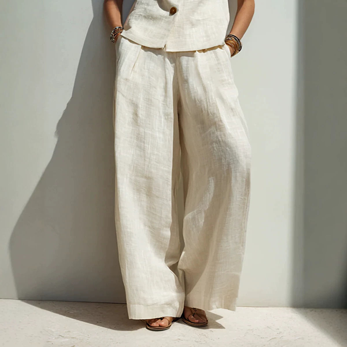 Linen blend V-neck buttoned vest and high-waist wide-leg pants set Navy Blue colorway – women's boho casual summer outfit