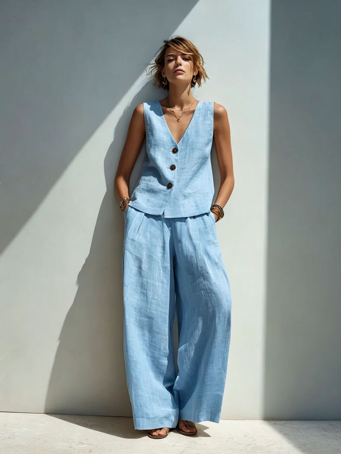 Linen blend V-neck buttoned vest and high-waist wide-leg pants set Black colorway – women's boho casual summer outfit