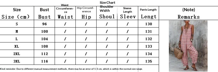 Size chart for linen blend sleeveless high-waist wide-leg overalls jumpsuit – S to 3XL women's sizing guide