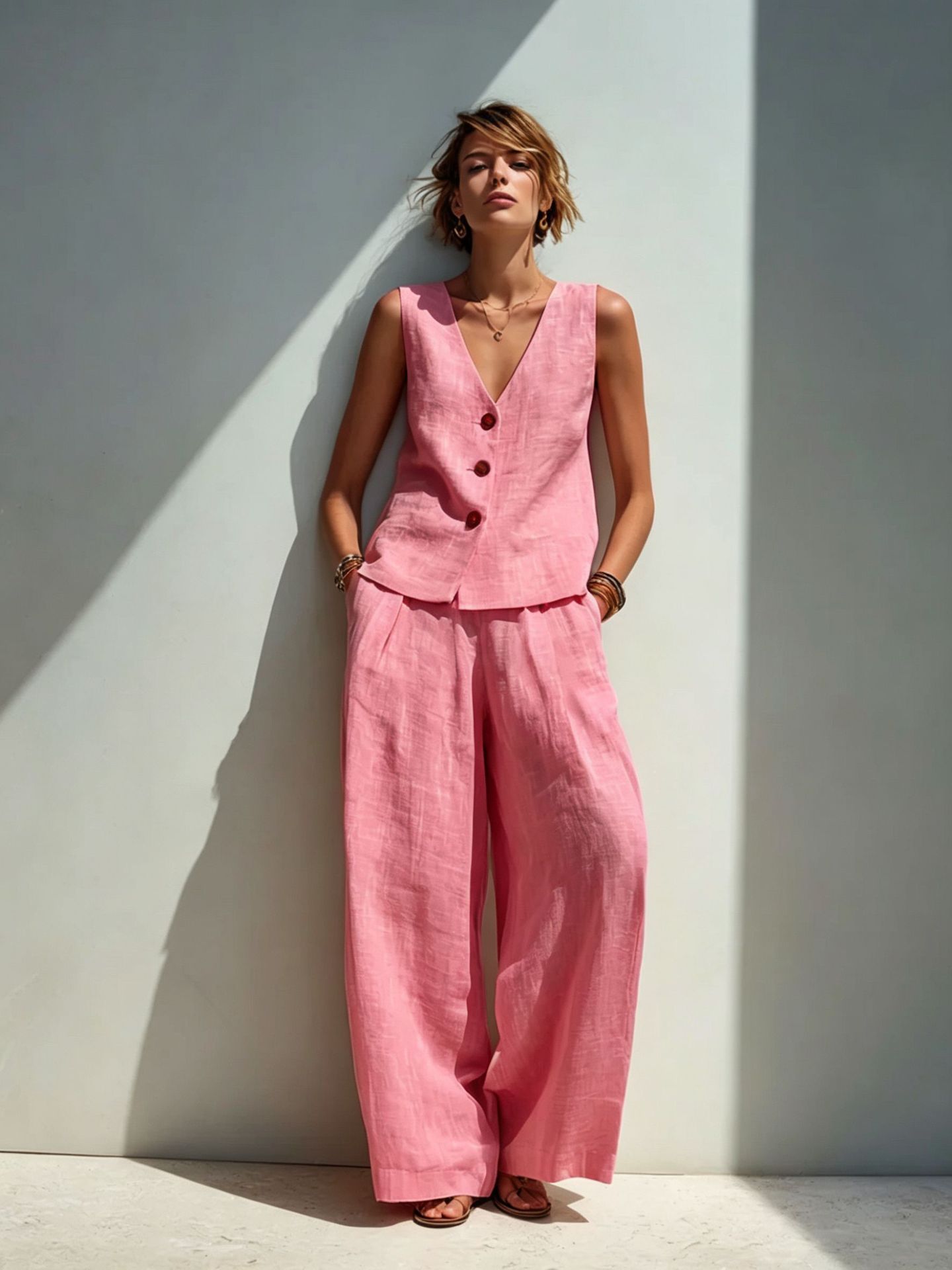 Linen blend V-neck buttoned vest and high-waist wide-leg pants set Sky Blue colorway – women's boho casual summer outfit