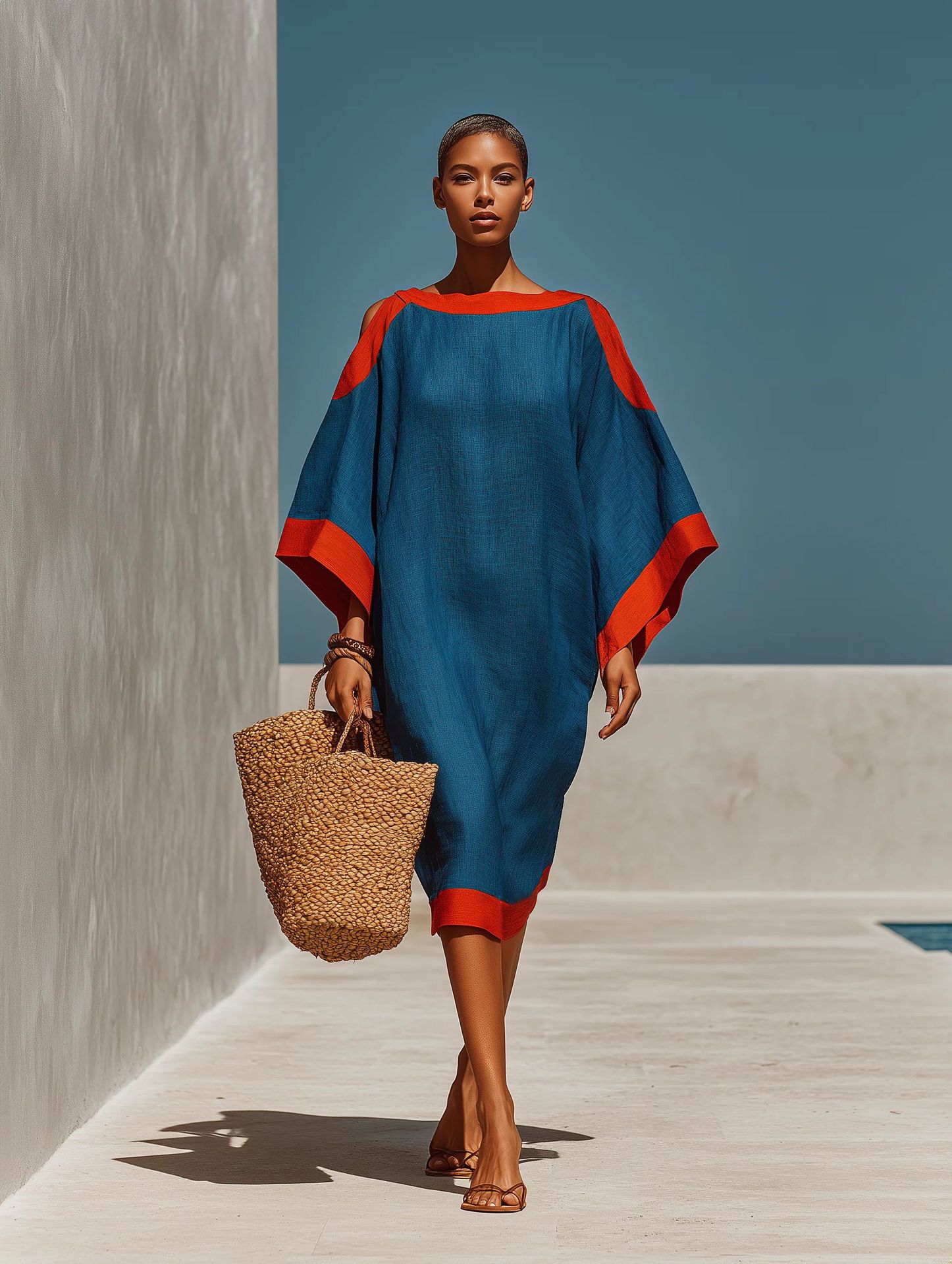 Loose-fit three-quarter sleeve mid-length dress Blue colorway – women's casual relaxed waist everyday dress