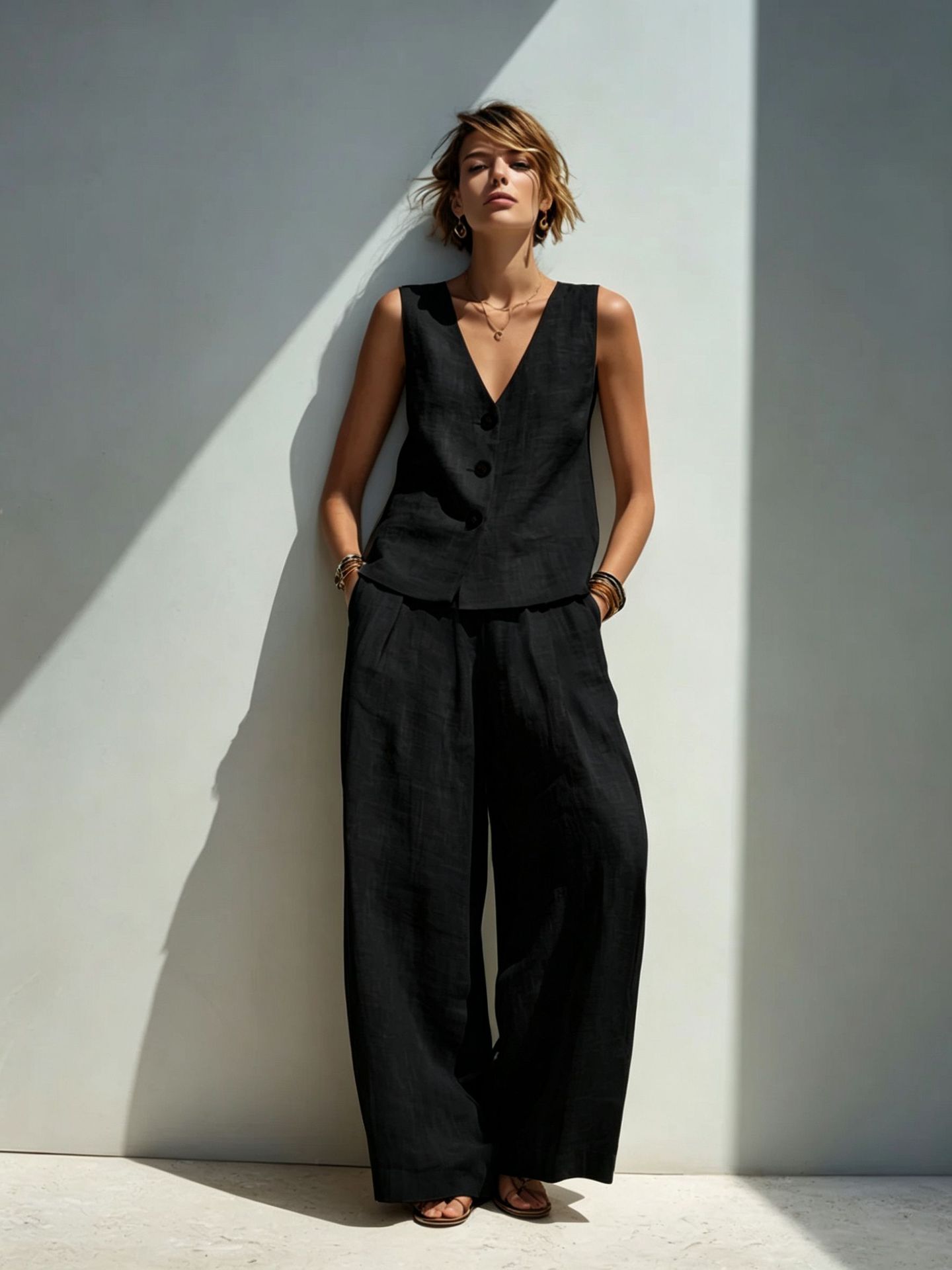 Linen blend V-neck buttoned vest and high-waist wide-leg pants set outfit styling – women's boho casual summer fashion