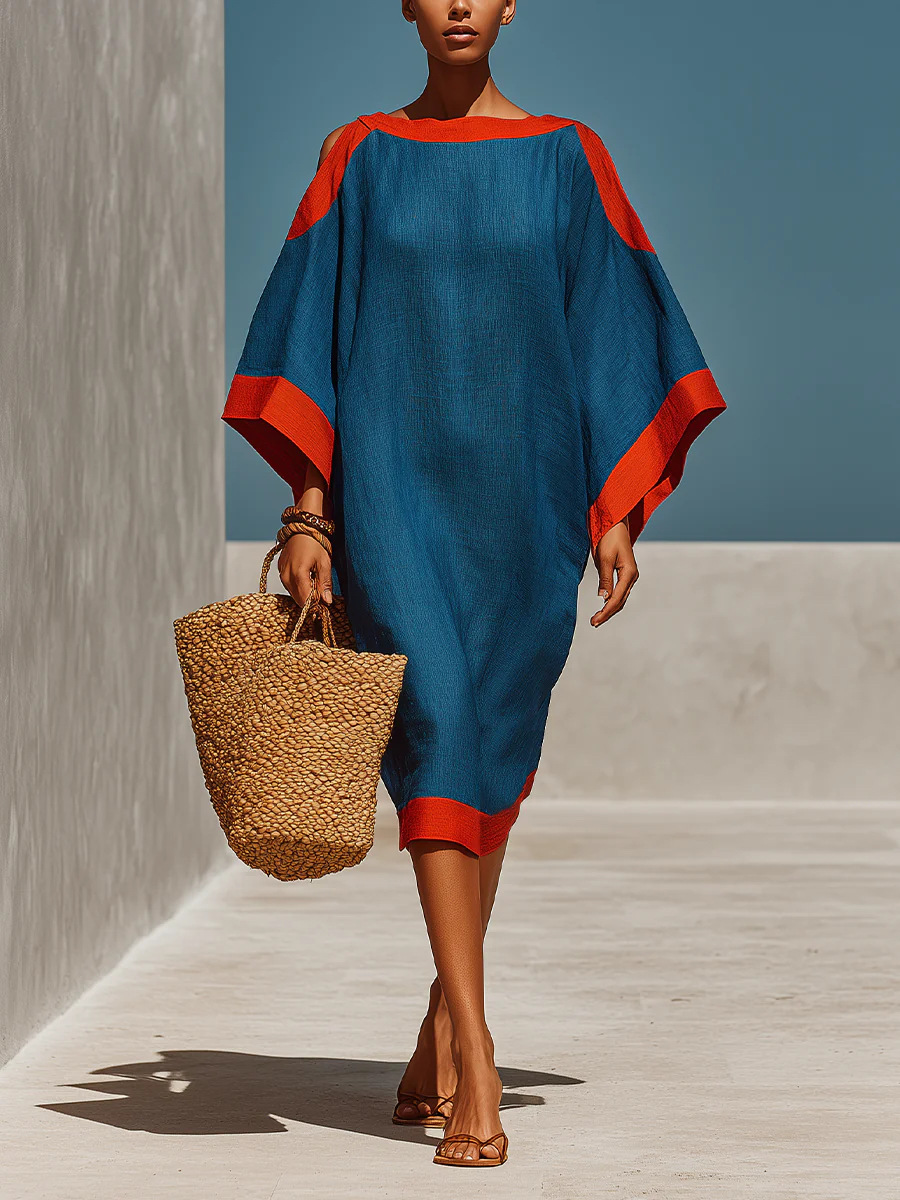 Loose-fit three-quarter sleeve mid-length dress – women's casual relaxed waist everyday boho dress