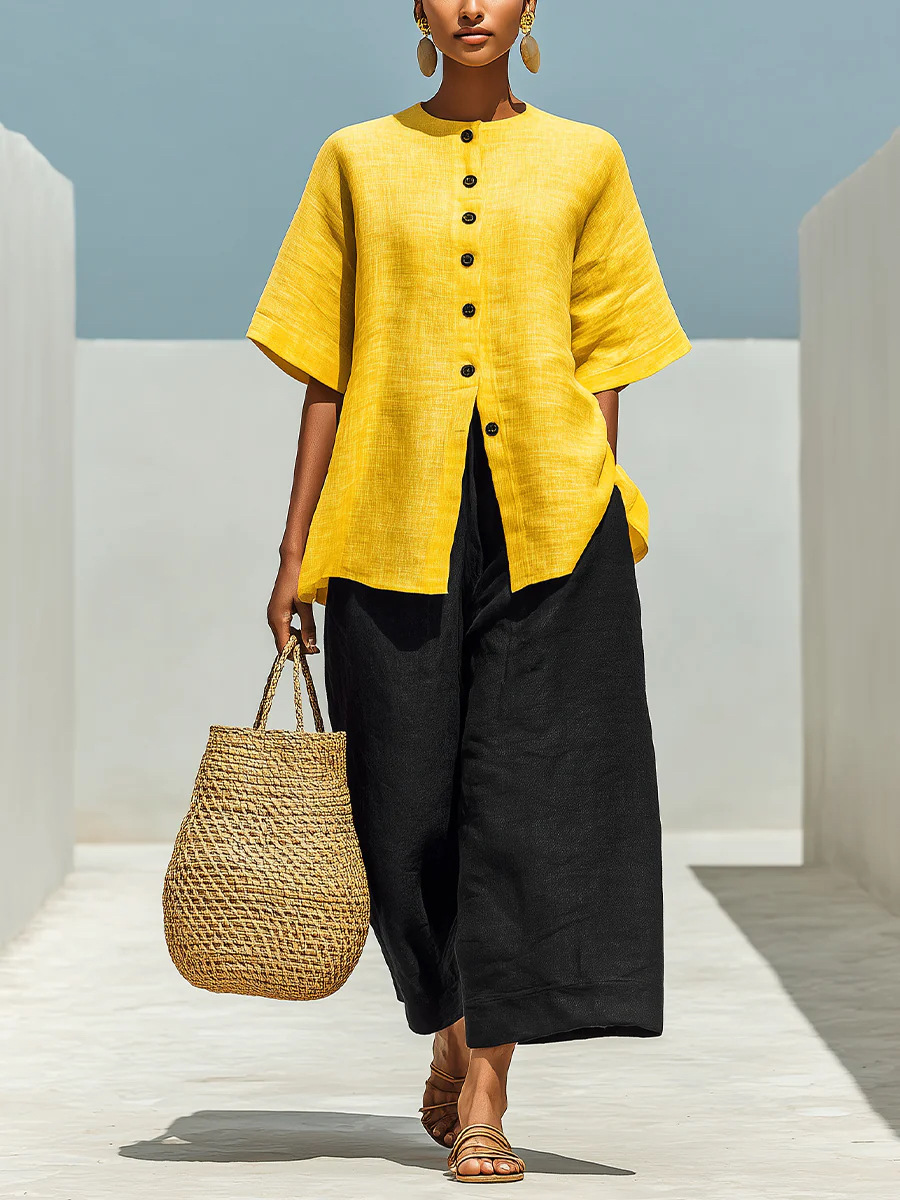 Linen blend cardigan top and cropped wide-leg pants set Yellow colorway – women's boho casual summer outfit
