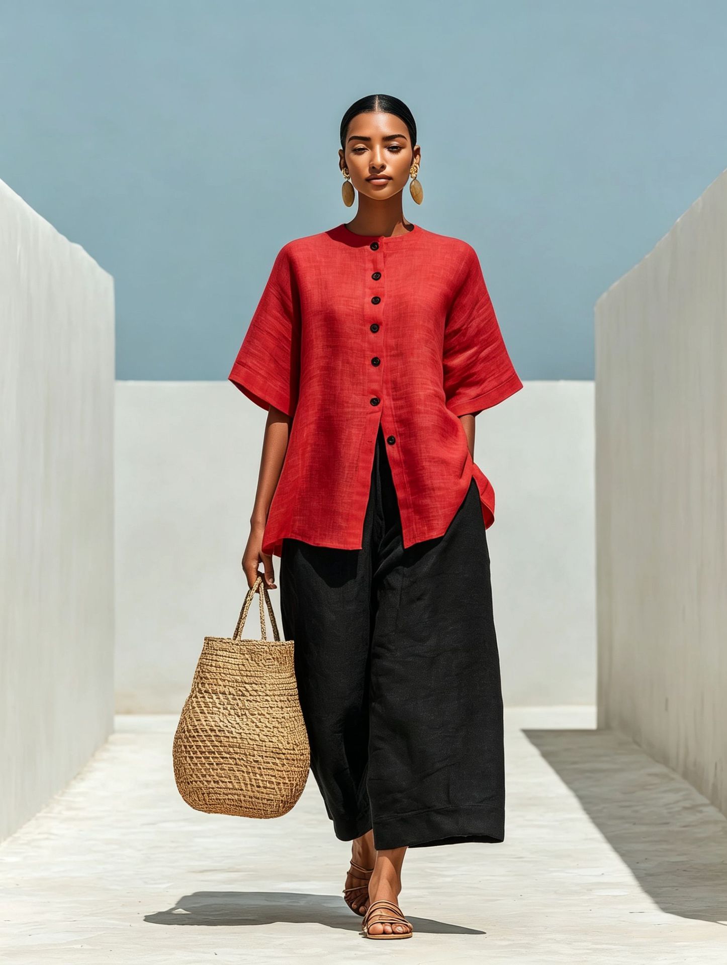 Linen blend cardigan top and cropped wide-leg pants set detail view – three-quarter sleeve cardigan women's fashion