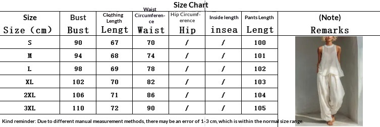 Size chart for sheer chiffon tank top and wide-leg pants set – S to 3XL women's sizing guide