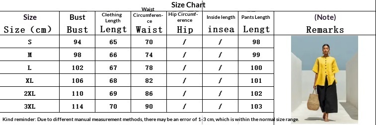 Size chart for linen blend cardigan top and cropped wide-leg pants set – S to 3XL women's sizing guide