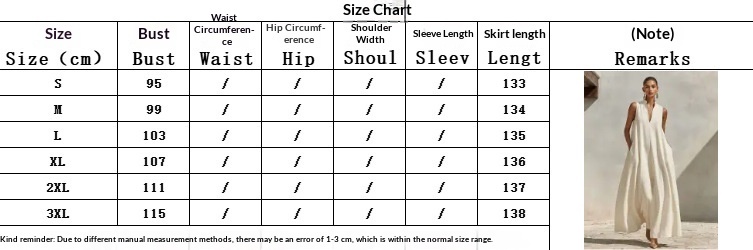 Size chart for linen blend sleeveless stand-collar maxi dress – S to 3XL women's sizing guide