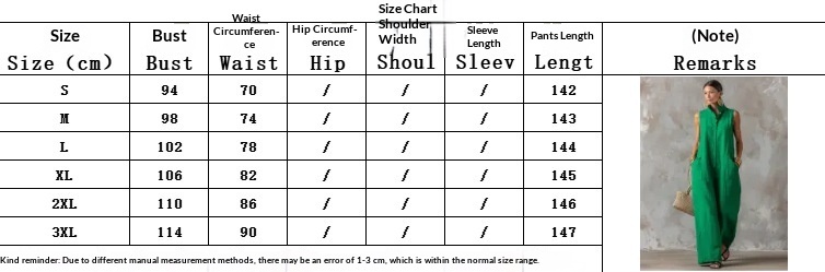 Size chart for linen blend sleeveless stand-collar jumpsuit – S to 3XL women's sizing guide