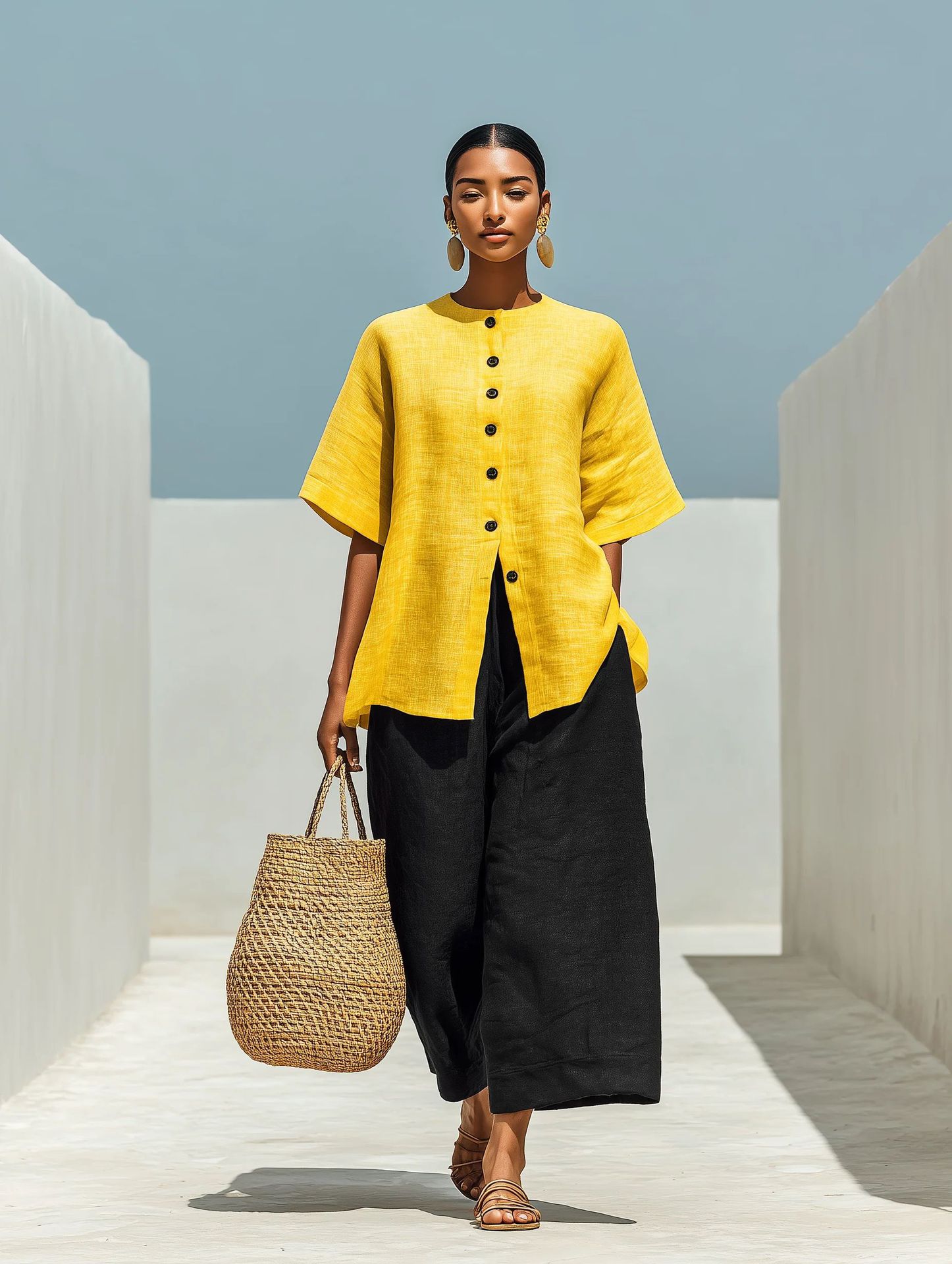 Linen blend cardigan top and cropped wide-leg pants set – women's boho casual two-piece summer outfit