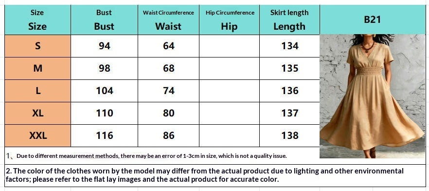 Size chart for solid color V-neck midi dress – US sizes S, L, XL, 2XL with bust, waist, and hip measurements in inches