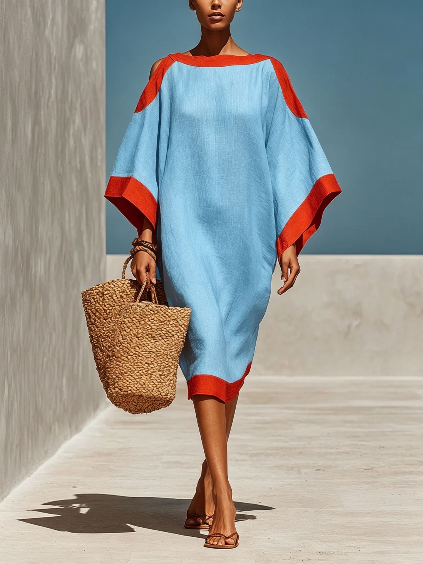 Loose-fit three-quarter sleeve mid-length dress side view – relaxed waist mid-length women's casual fashion