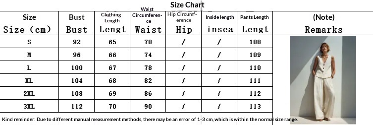 Size chart for linen blend V-neck buttoned vest and high-waist wide-leg pants set – S to 3XL women's sizing guide