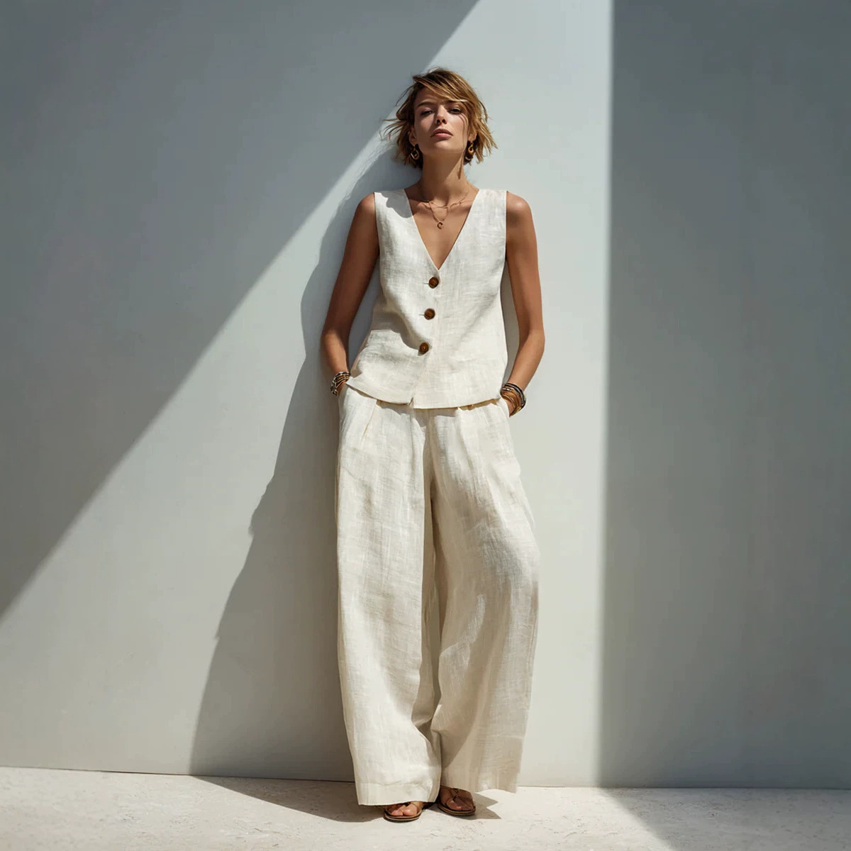 Linen blend V-neck buttoned vest and high-waist wide-leg pants set – women's boho casual two-piece summer outfit