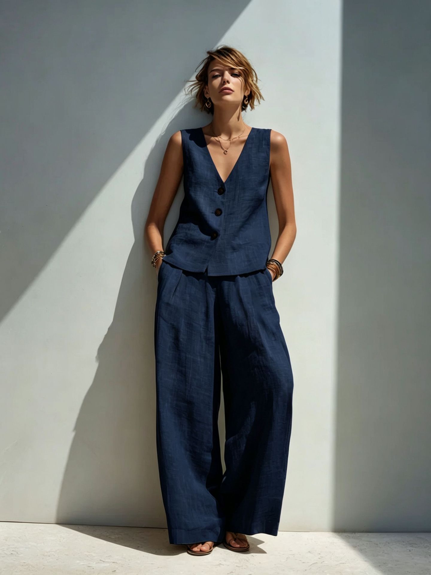 Linen blend V-neck buttoned vest and high-waist wide-leg pants set detail view – V-neck buttoned vest women's fashion