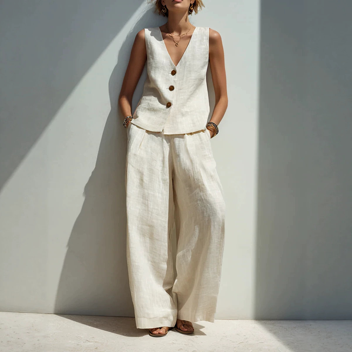 Linen blend V-neck buttoned vest and high-waist wide-leg pants set White colorway – women's boho casual summer outfit