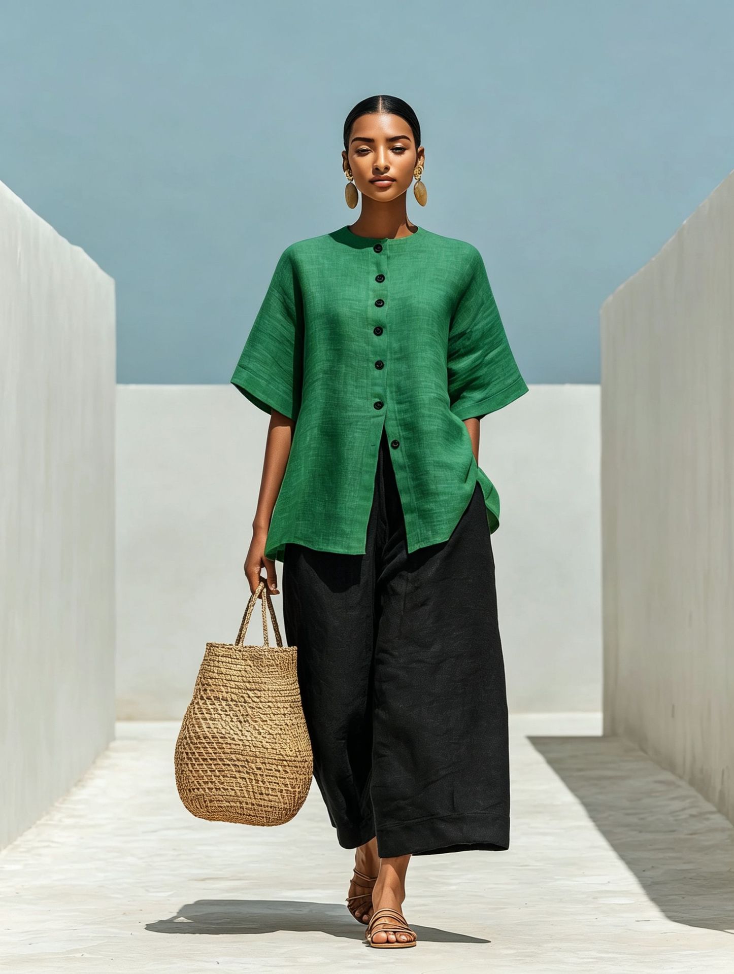 Linen blend cardigan top and cropped wide-leg pants set outfit styling – women's boho casual summer fashion