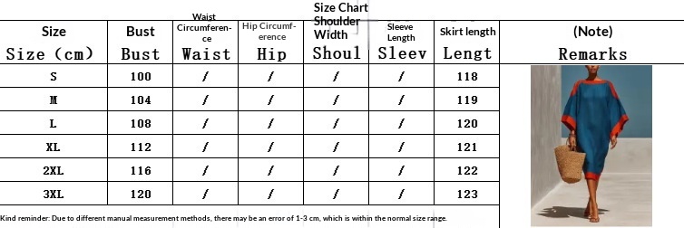 Size chart for loose-fit three-quarter sleeve mid-length dress – S to 3XL women's sizing guide